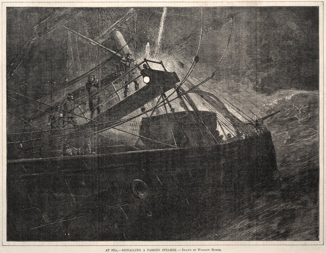 No mar, sinalizar a um navio a vapor que passa de Winslow Homer