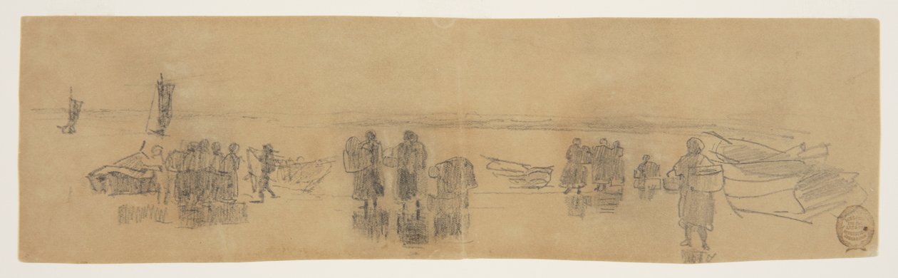 Praia com quatro barcos de pesca, Cullercoats, Inglaterra de Winslow Homer