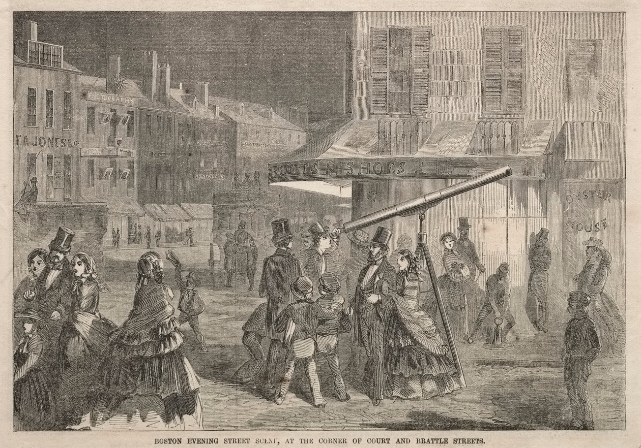 Cena da rua da noite de Boston, no canto da corte e nas ruas de Brattle, 1857. de Winslow Homer