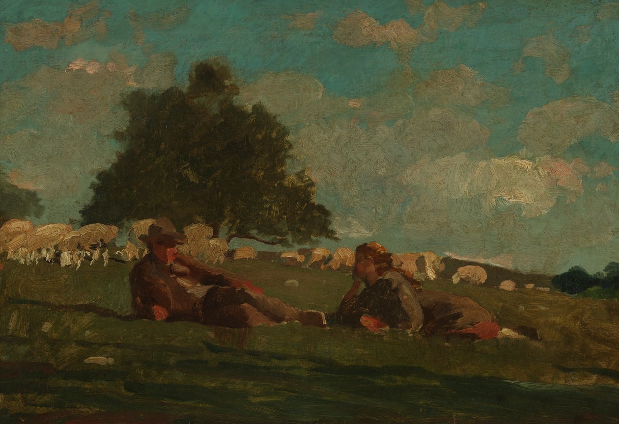 Rapaz e rapariga num campo com ovelhas de Winslow Homer
