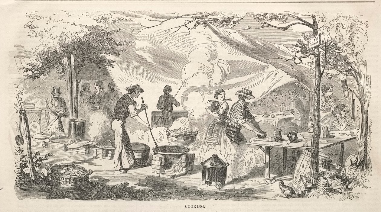 Esboços das reuniões de acampamento: Culinária, 1858. de Winslow Homer