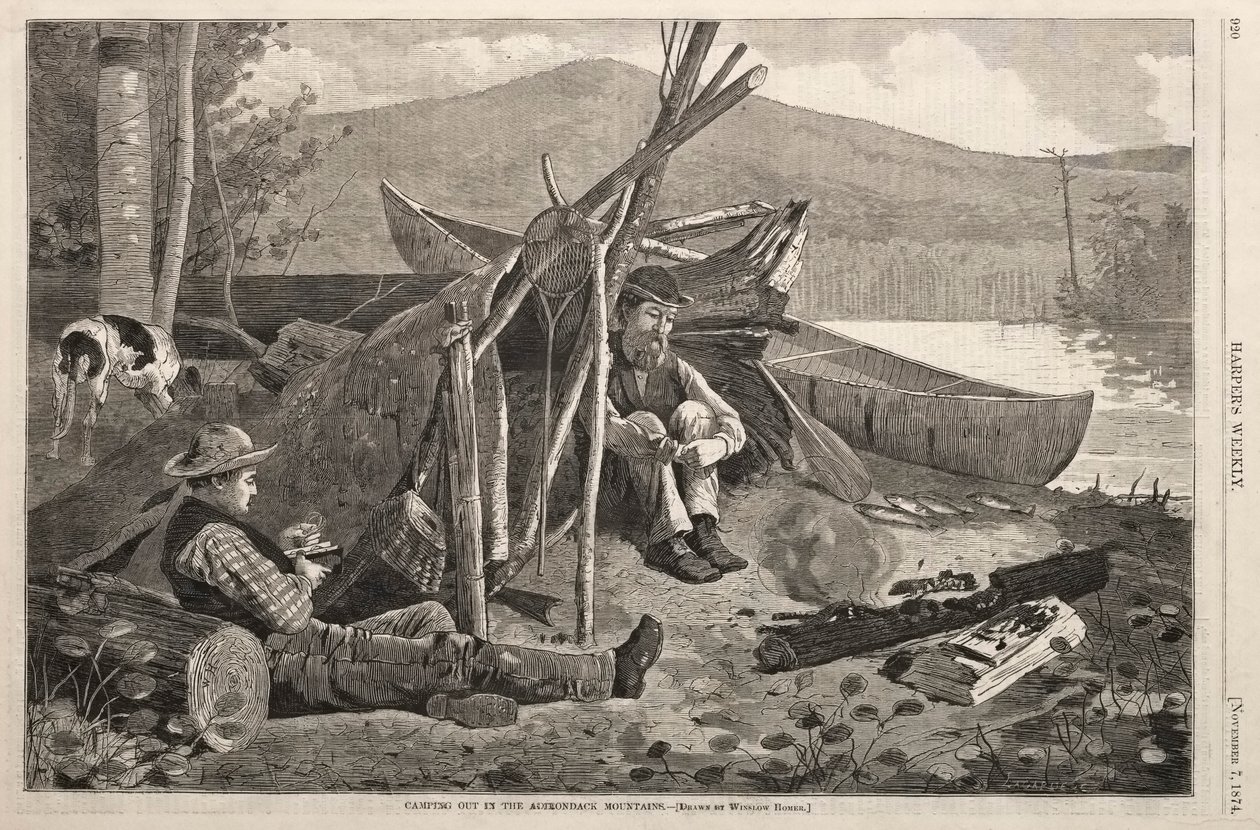 Acampando nas montanhas Adirondack, 1874. de Winslow Homer