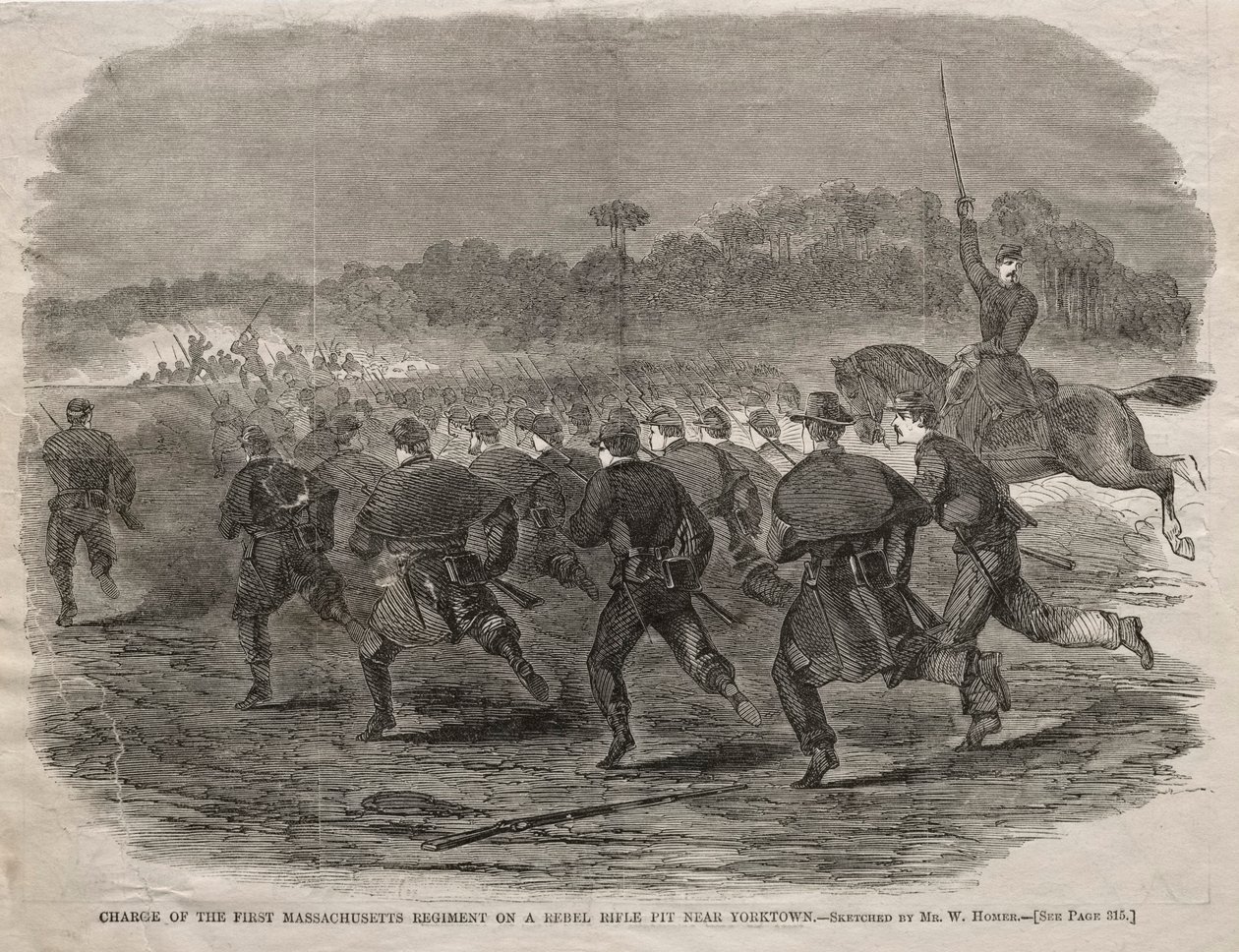 Carga do primeiro regimento de Massachusetts em um poço de fuzil rebelde perto de Yorktown, 1862. de Winslow Homer