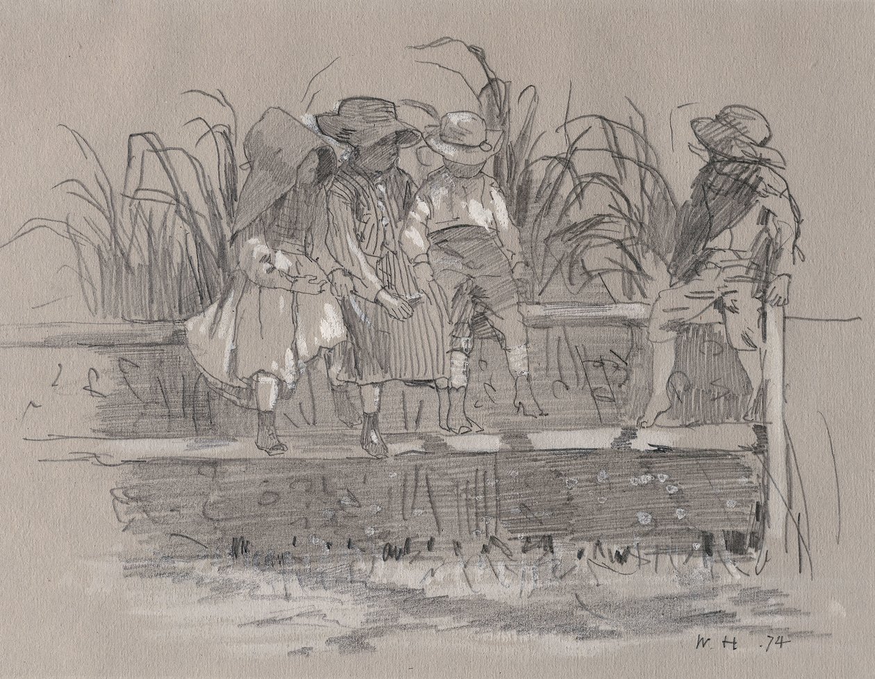 Crianças sentadas numa vedação de Winslow Homer