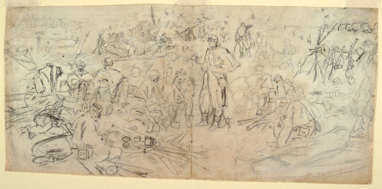 Desenho, "Um acampamento do exército", 1862 de Winslow Homer