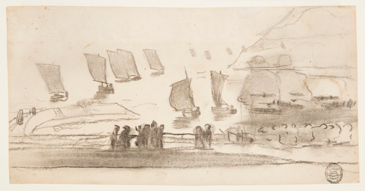 Desenho, Cena de praia com pessoas e barcos de pesca, Cullercoats, Inglaterra, 1881-82 de Winslow Homer
