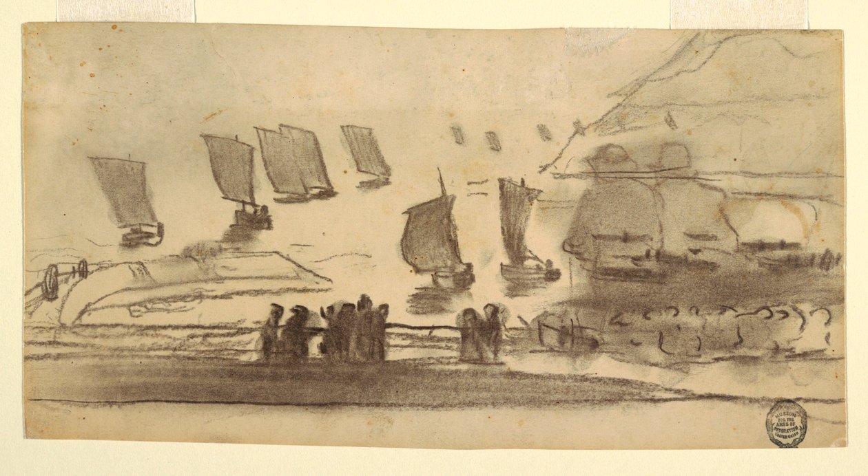 Desenho, Cena de praia com pessoas e barcos de pesca, Cullercoats, Inglaterra, 1881-82 de Winslow Homer