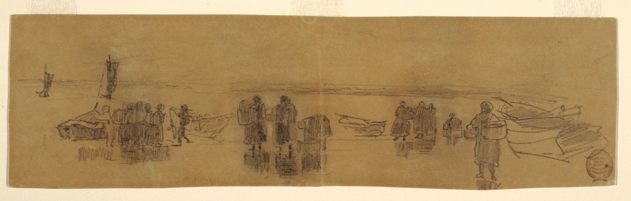 Desenho, Praia com quatro barcos de pesca, Cullercoats, Inglaterra, 1881-82 de Winslow Homer