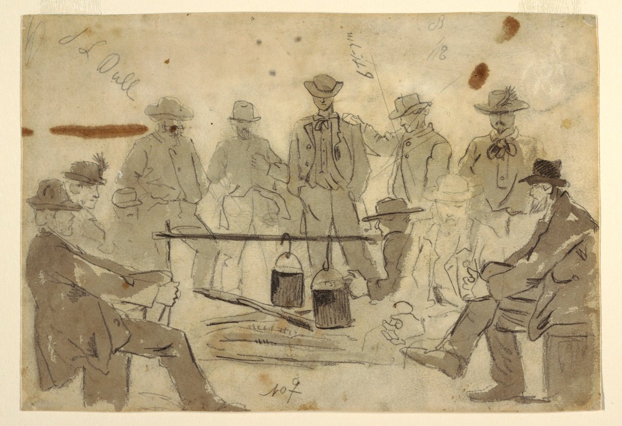 Desenho, fogueira com soldados agrupados, 1862 de Winslow Homer