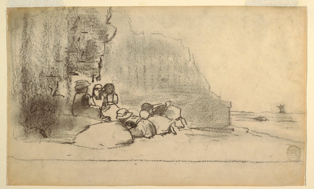 Desenho, Crianças a brincar à beira-mar, Cullercoats, Inglaterra, 1881-82 de Winslow Homer