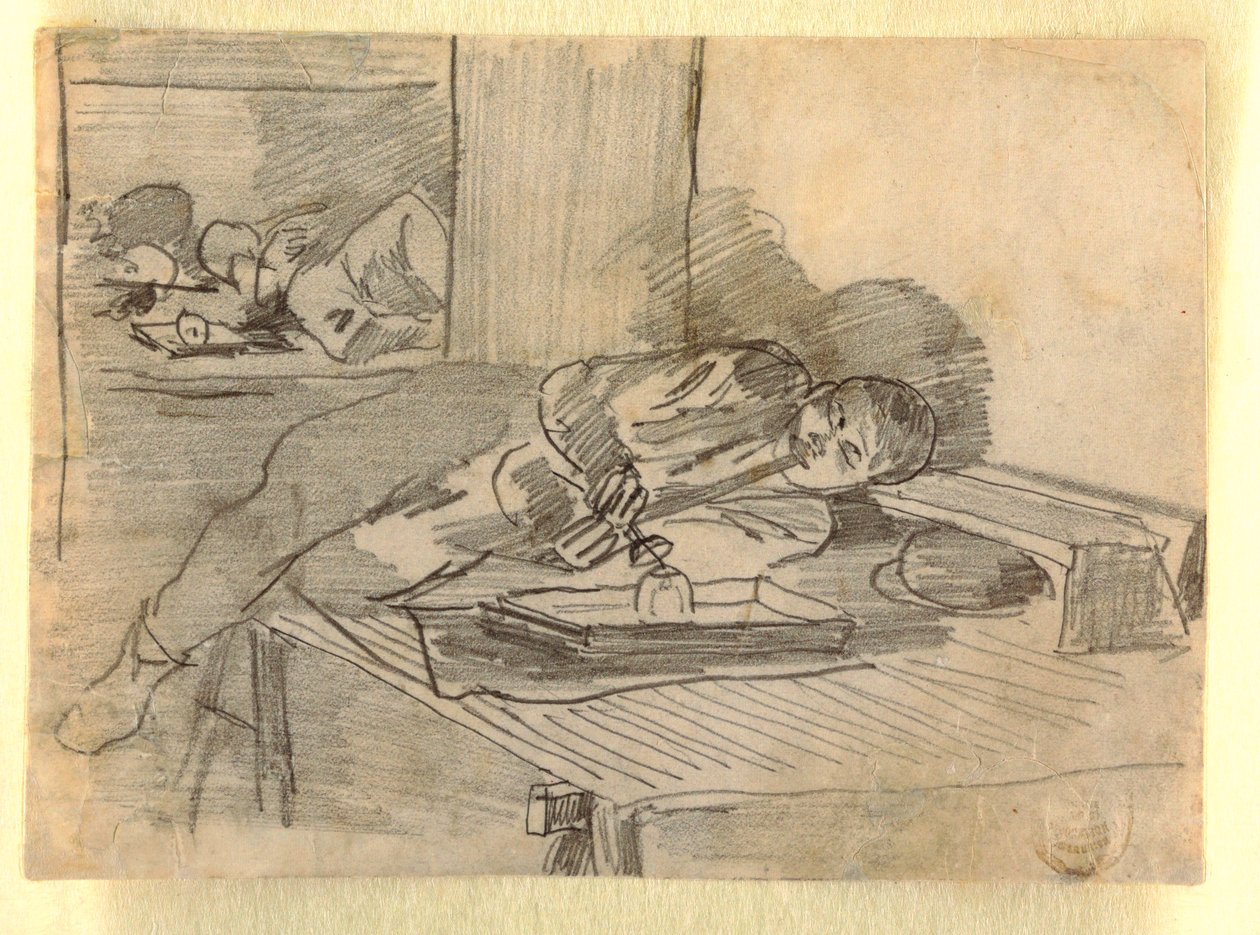 Desenho, Homem chinês a fumar um cachimbo de ópio, num clube de Baxter Street, Nova Iorque, ca. 1874 de Winslow Homer