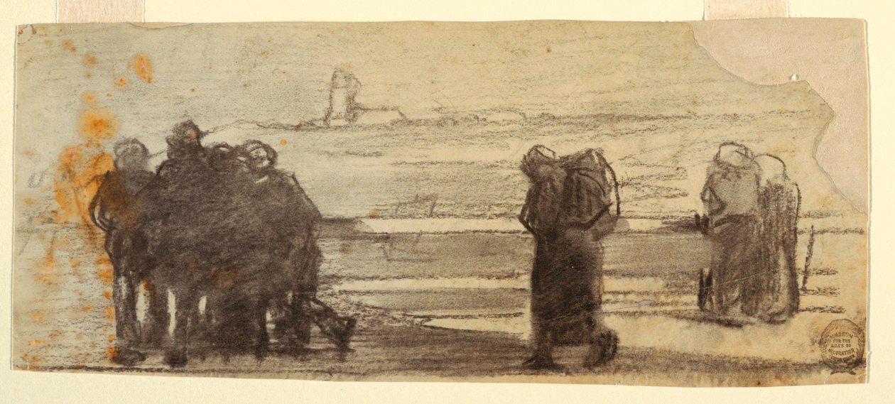 Desenho, Figuras com vista para uma baía e um pequeno barco, Cullercoats, Inglaterra, 1881-82 de Winslow Homer