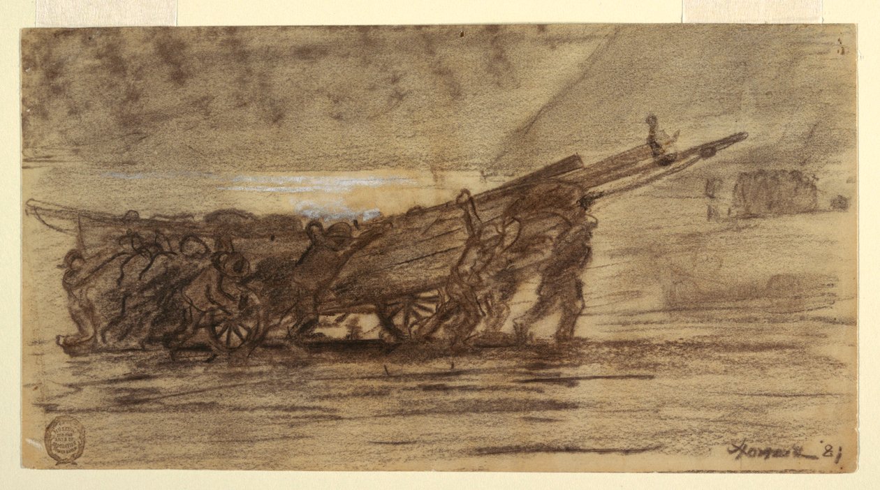 Desenho, Pescadores a encalhar um barco, Cullercoats, Inglaterra, 1881 de Winslow Homer