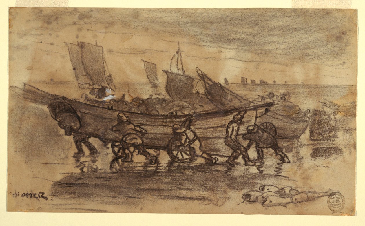 Desenho, Pescadores a pescar um peixe-boi, Cullercoats, Inglaterra, 1881 de Winslow Homer