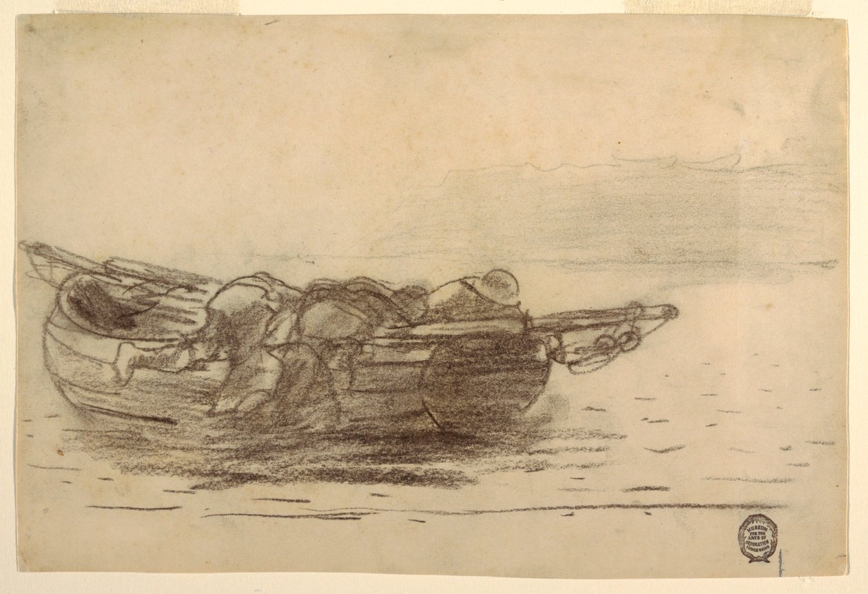 Desenho, Pescadores a trepar sobre as canhoneiras, Cullercoats, Inglaterra, 1881-82 de Winslow Homer