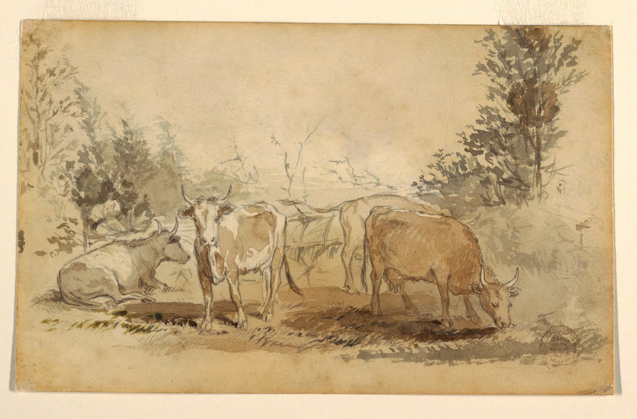 Desenho, Quatro vacas a pastar num pasto, ca. 1855-60 de Winslow Homer