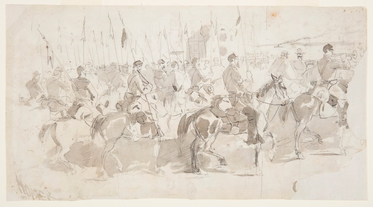 Desenho do Sexto Regimento de Cavalaria do General McClellan a embarcar em Alexandria para Old Point Comfort, 2 de abril de 1862 de Winslow Homer