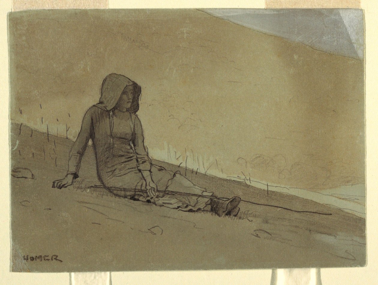 Desenho, Rapariga sentada numa encosta, 1878 de Winslow Homer
