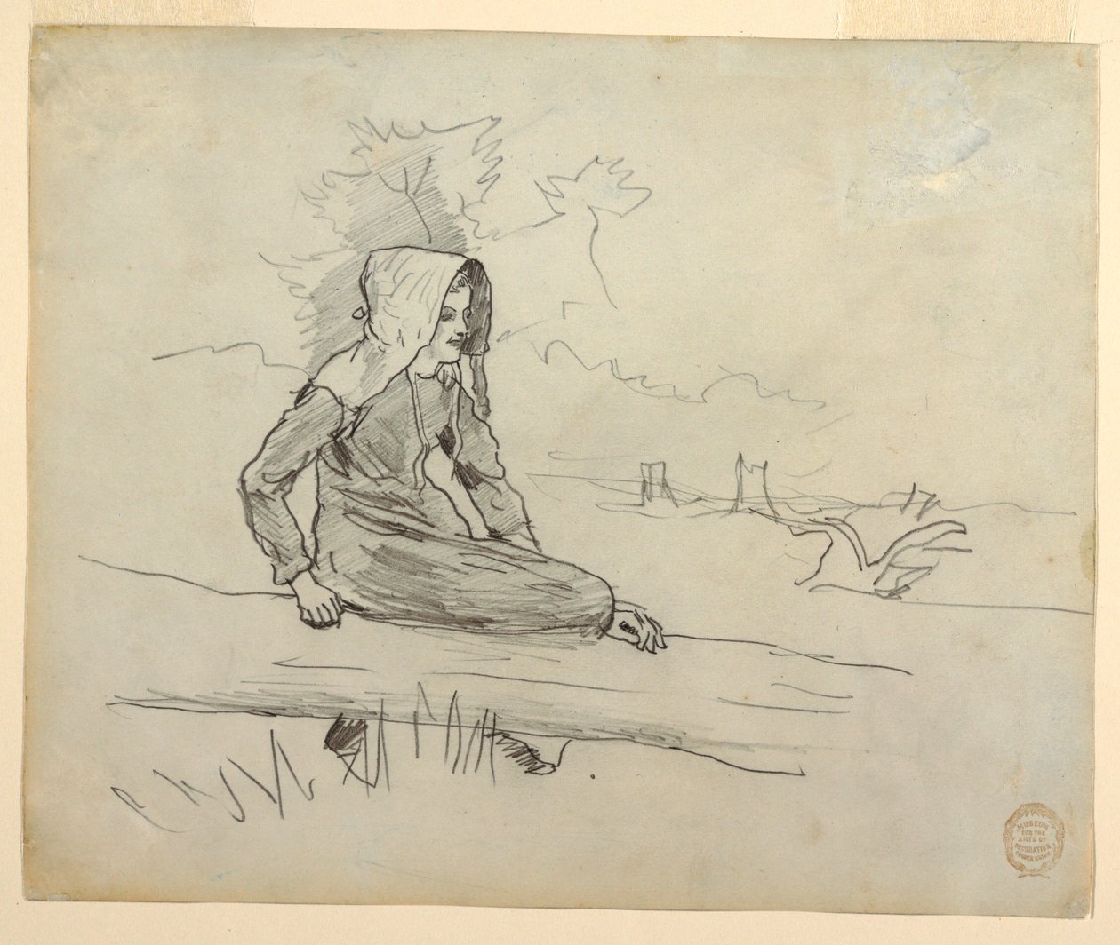 Desenho, Rapariga sentada num tronco de árvore, 1879 de Winslow Homer