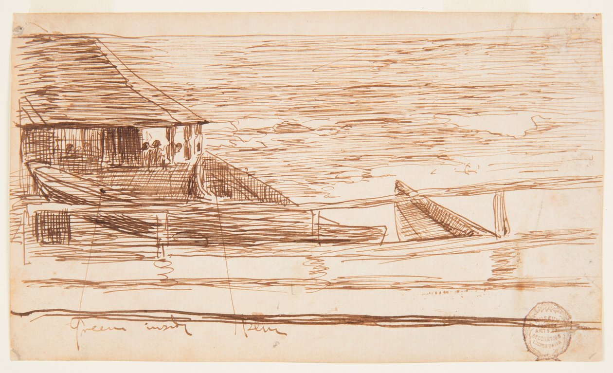 Desenho, Casa num corrimão com dories encalhados, Cullercoats, Inglaterra, 1881 de Winslow Homer