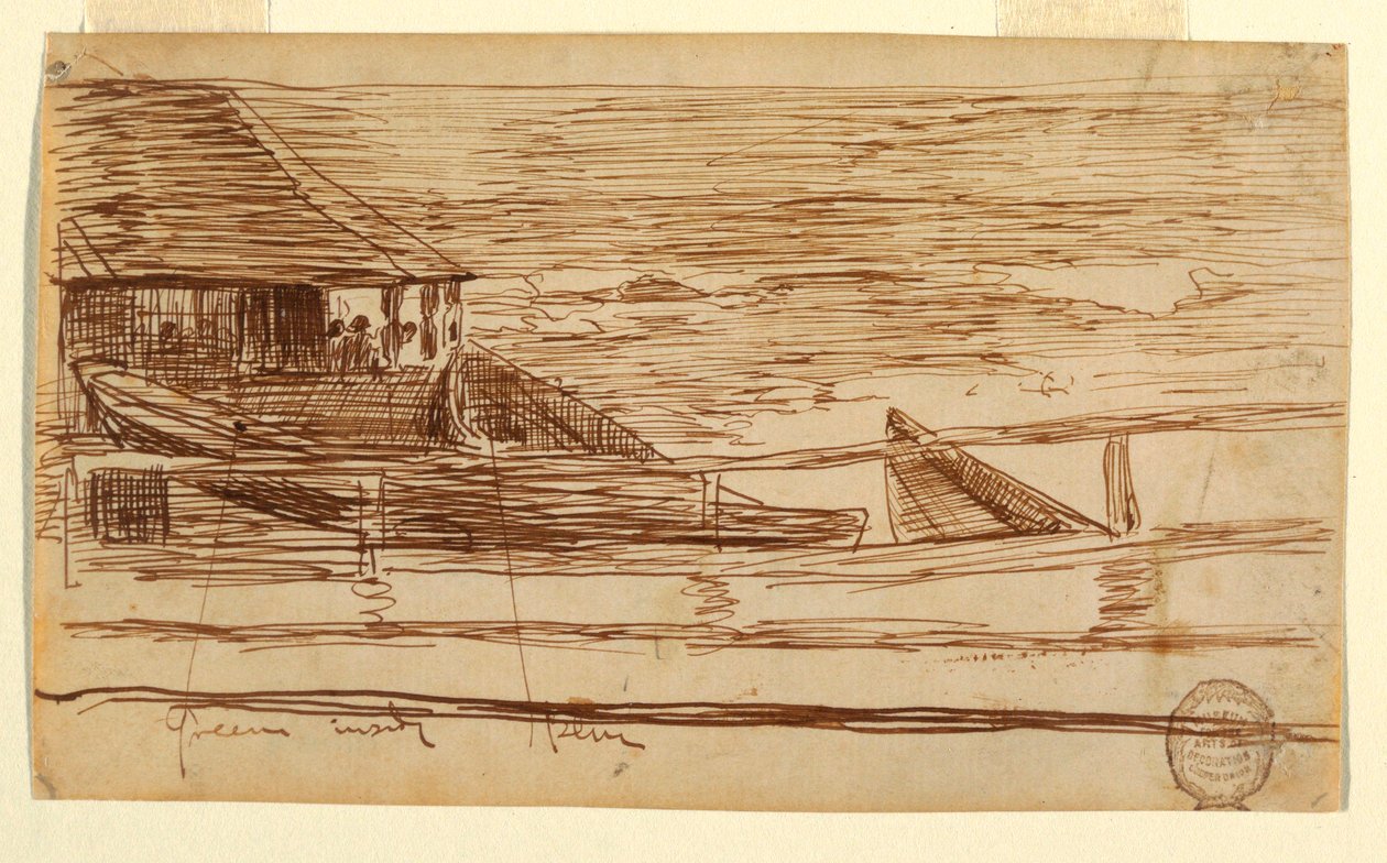 Desenho, Casa num corrimão com dories encalhados, Cullercoats, Inglaterra, 1881 de Winslow Homer