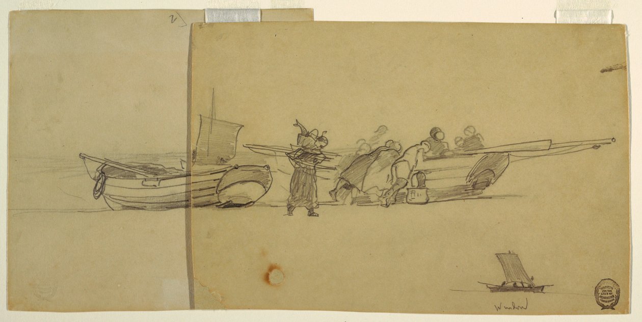 Desenho, Homens e mulheres a descarregar um barco de pesca, Cullercoats, Inglaterra, 1881-82 de Winslow Homer
