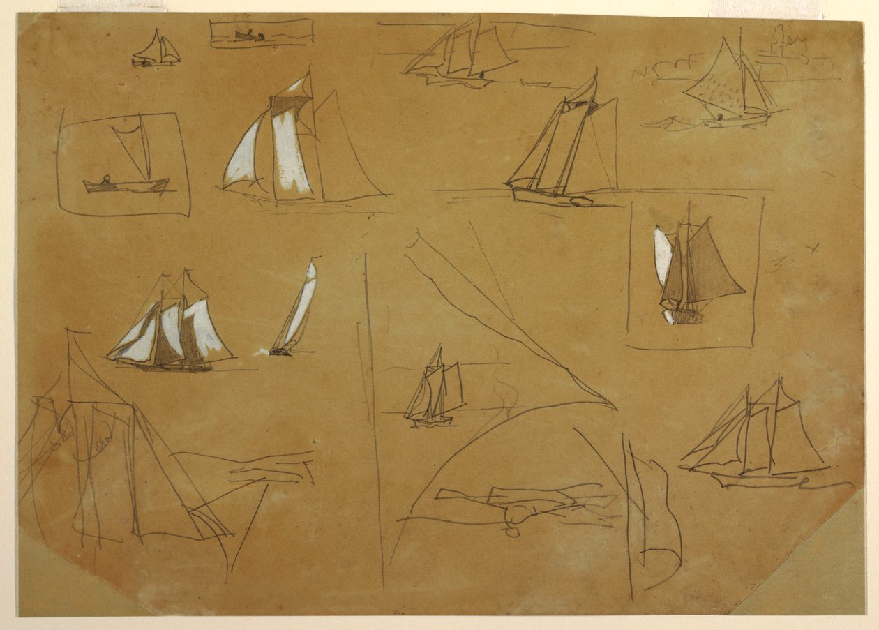 Desenho, Esboços de barcos à vela, Cullercoats, Inglaterra, 1881-82 de Winslow Homer