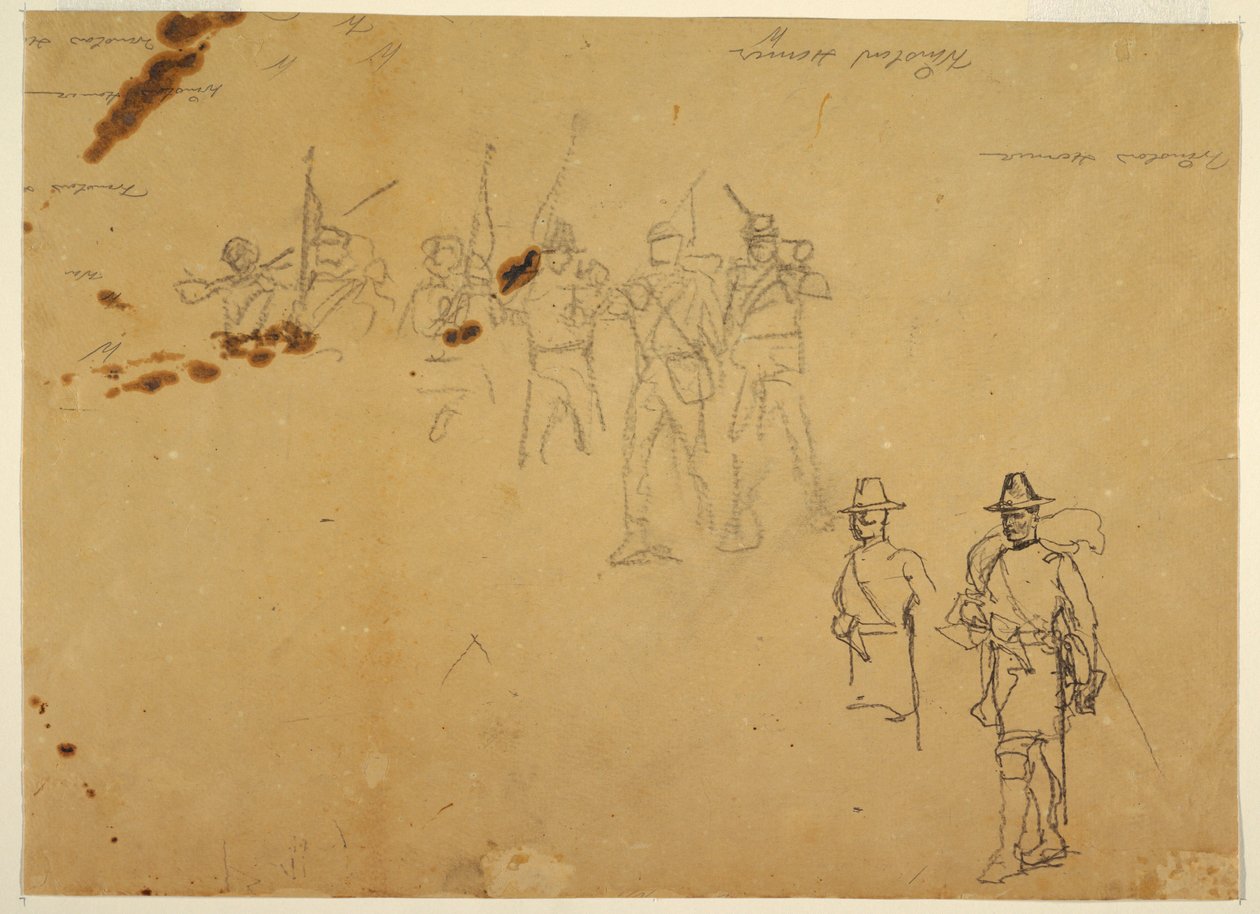 Desenho, esboços de figuras de infantaria simples e assinaturas práticas, 1862 de Winslow Homer
