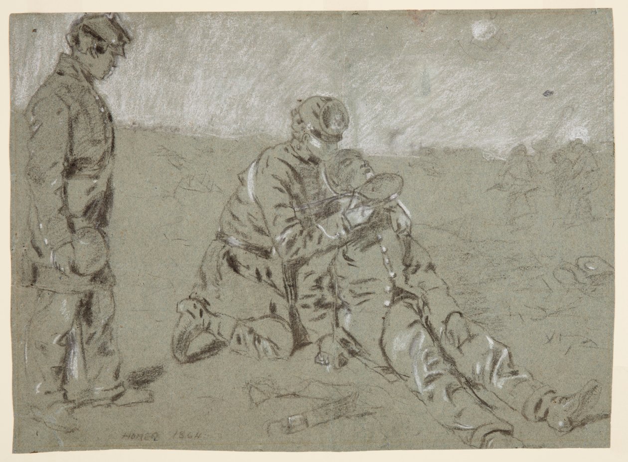 Desenho, soldado a dar água a um companheiro ferido, 1864 de Winslow Homer
