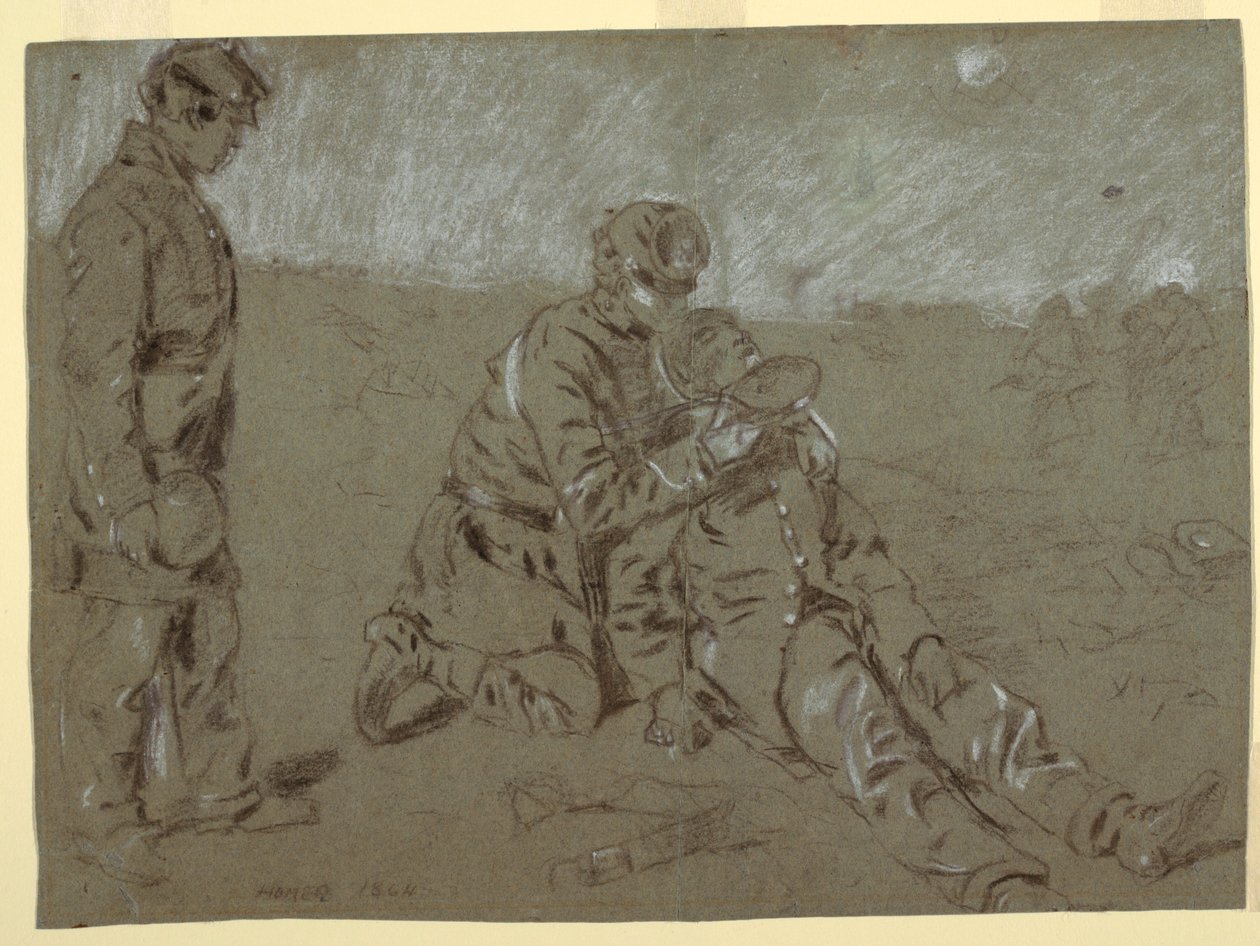 Desenho, soldado a dar água a um companheiro ferido, 1864 de Winslow Homer