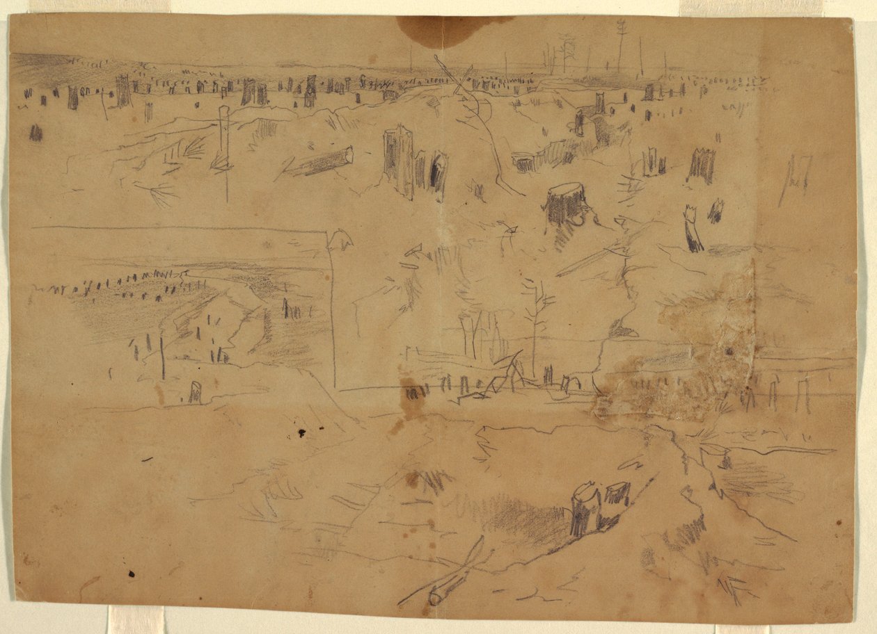 Desenho, Estudos de um campo de batalha com cepos de árvores e troncos de árvores destruídos, Petersburgo, Virgínia, 1864 de Winslow Homer