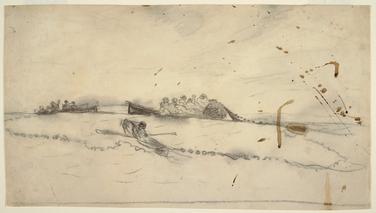 Desenho, Três barcos com pescadores a lançar a rede, 1881-82 de Winslow Homer