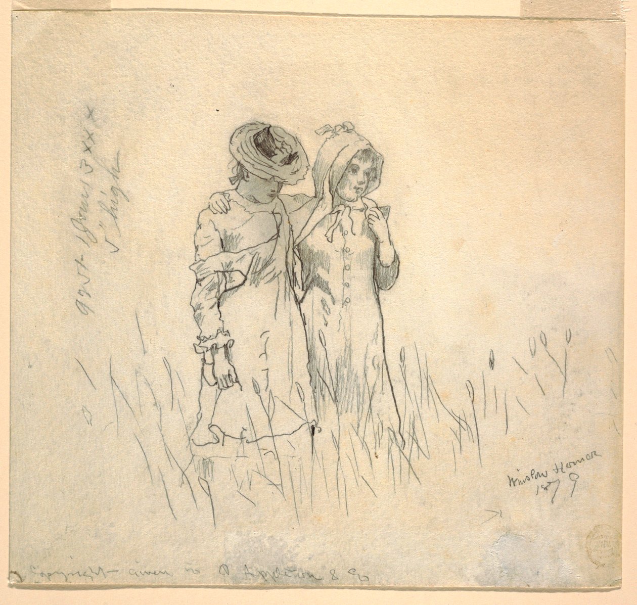 Desenho, Duas raparigas num campo, 1879 de Winslow Homer