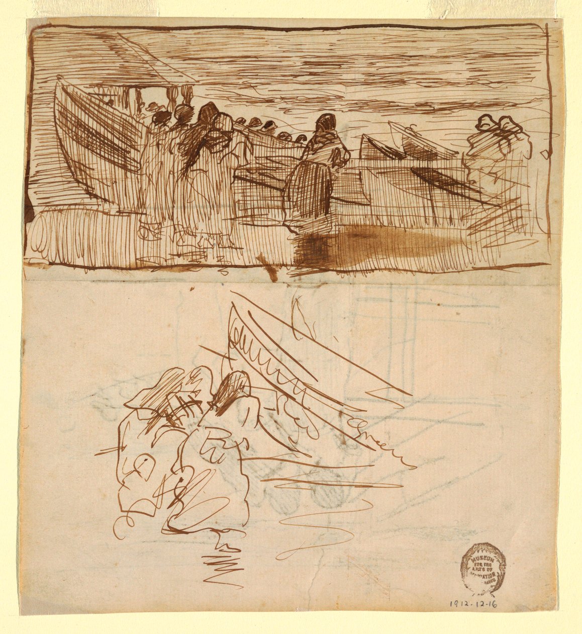 Desenho, Dois estudos de mulheres assistindo ao lançamento de dories, Cullercoats, Inglaterra, 1881 de Winslow Homer