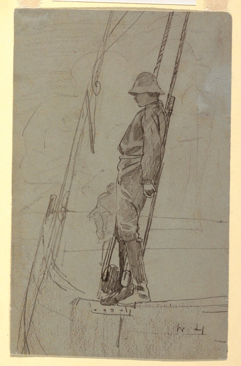 Desenho, Jovem encostado ao cordame de um barco à vela, provavelmente 1861-62 de Winslow Homer