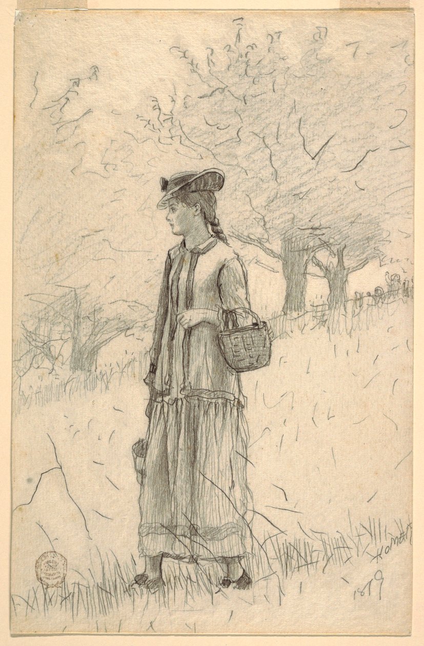 Desenho, Mulher jovem a passear num campo, 1879 de Winslow Homer