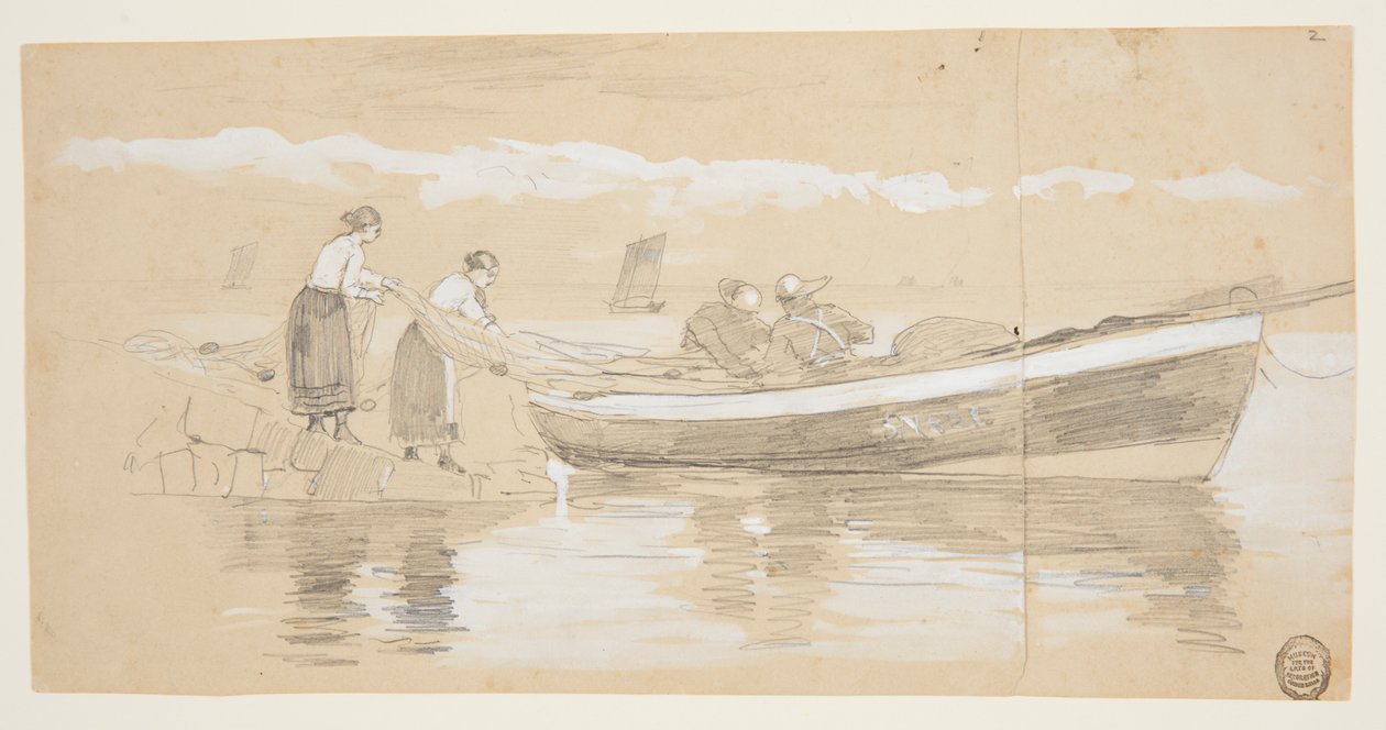 Pescador e mulheres arrumando redes em um Dory encalhado, Cullercoats, Inglaterra de Winslow Homer