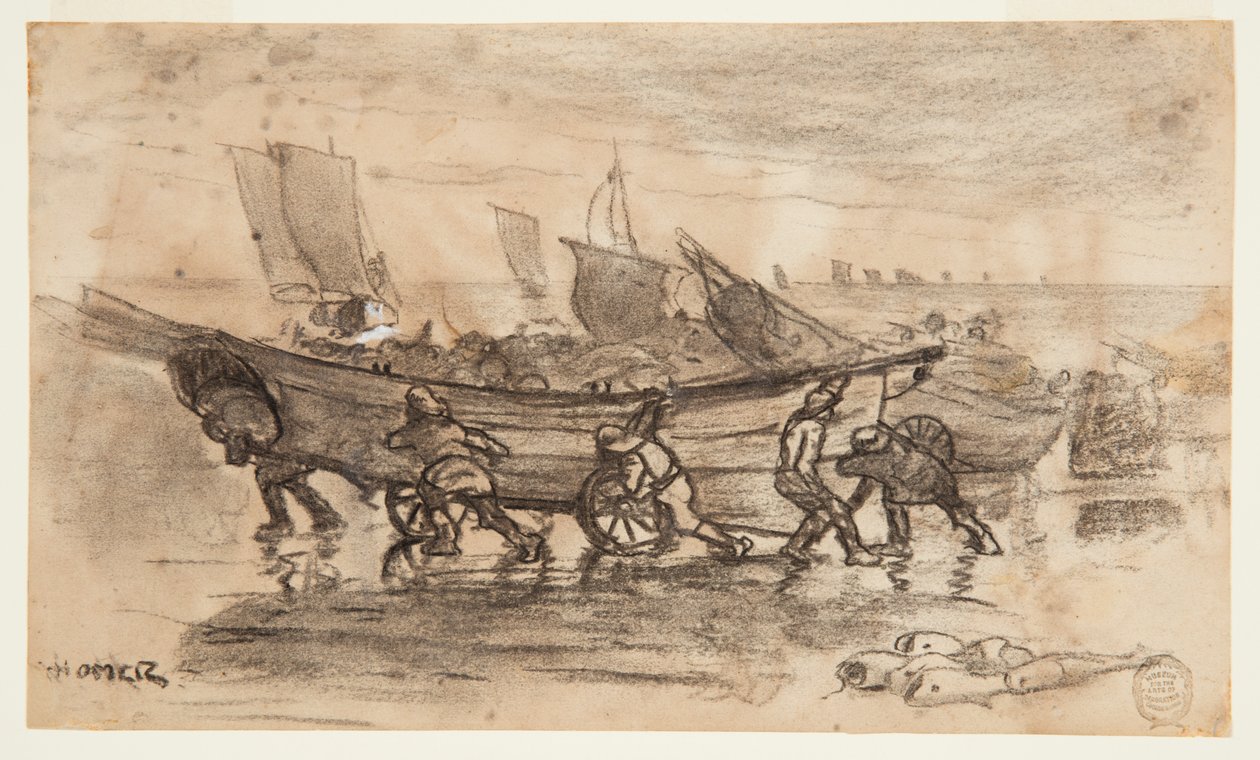 Pescadores encalhando um Dory, Cullercoats, Inglaterra de Winslow Homer