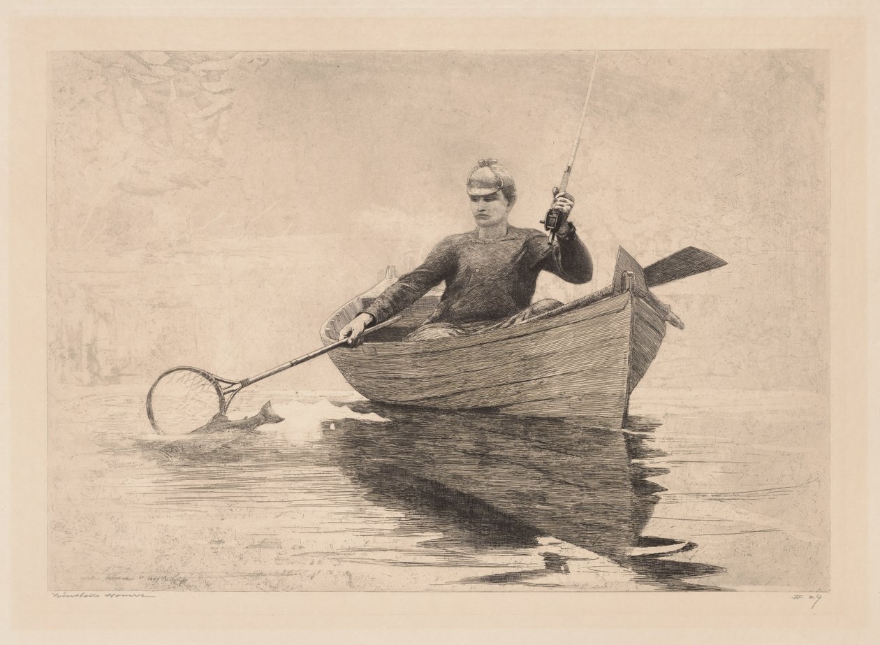 Pesca à mosca, lago Saranac de Winslow Homer