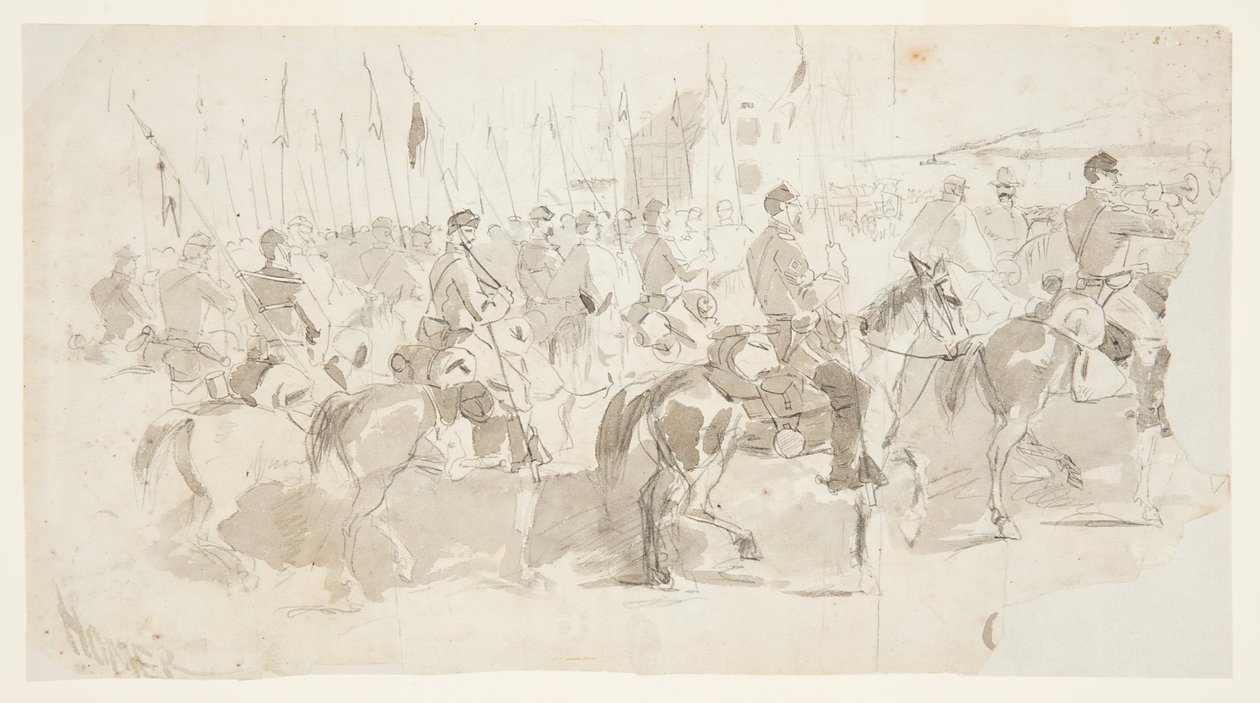 Sexto Regimento de Cavalaria do General McClellan, embarcando em Alexandria para Old Point Comfort de Winslow Homer