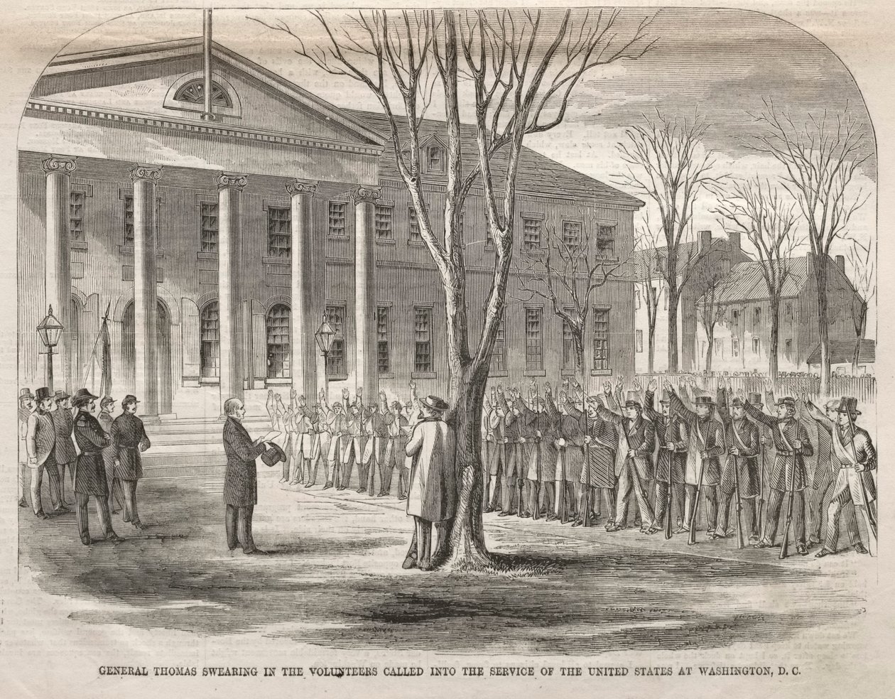 O General Thomas presta juramento aos voluntários convocados para o serviço dos Estados Unidos em Washington, D.C. de Winslow Homer