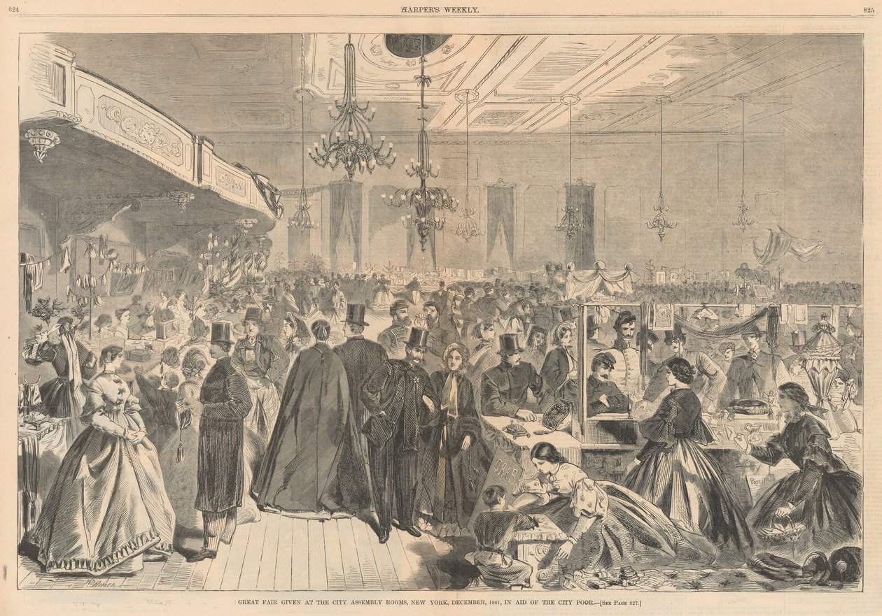 Grande feira realizada nas assembléias da cidade, Nova York, dezembro de 1861, em auxílio aos pobres da cidade; de Harper de Winslow Homer