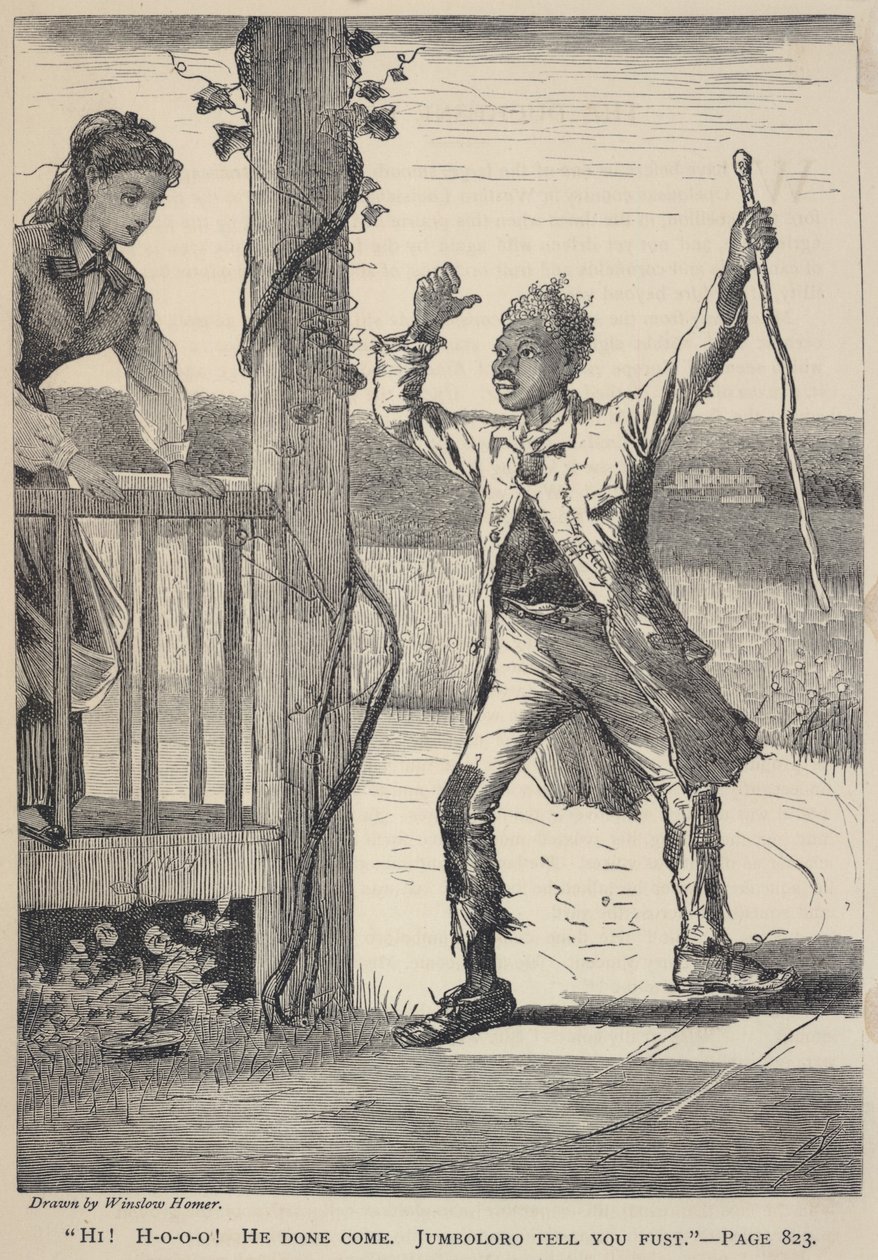 "Olá! H-o-o-o! Ele já chegou. Jumboloro Tell You Fust.", de The Galaxy, junho de 1869 de Winslow Homer