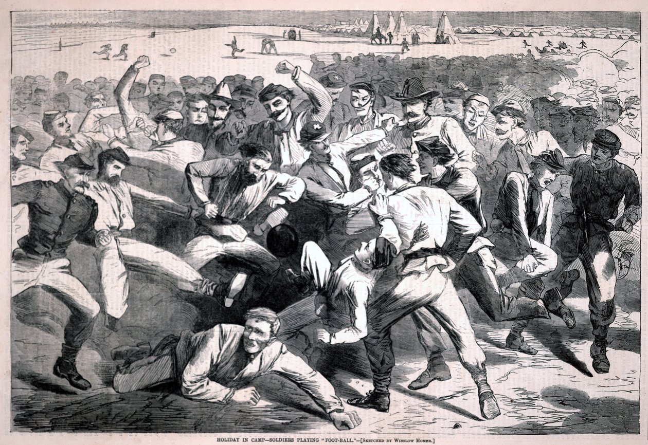 Feriado no acampamento - soldados a jogar «futebol», de Harper