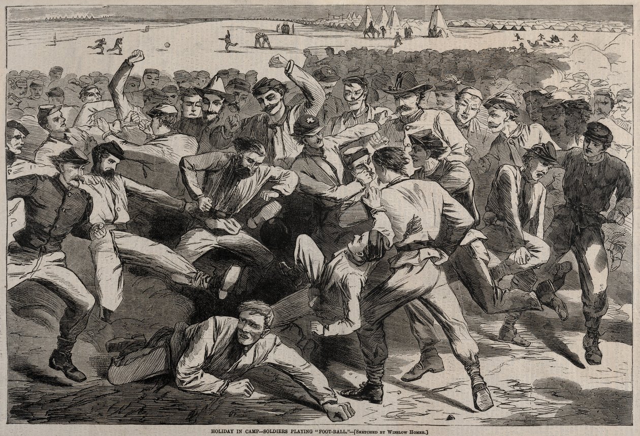 Feriado no acampamento - soldados jogando futebol, 1865. de Winslow Homer