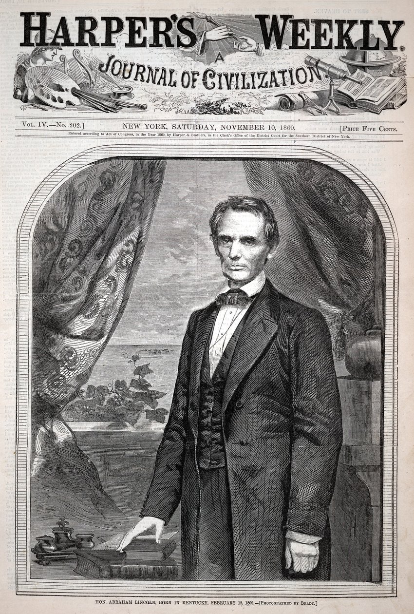 O Exmo. Abraham Lincoln, nascido no Kentucky, a 12 de fevereiro de 1809, segundo a revista «Harper’s Weekly», de 10 de novembro de 1860 de Winslow Homer