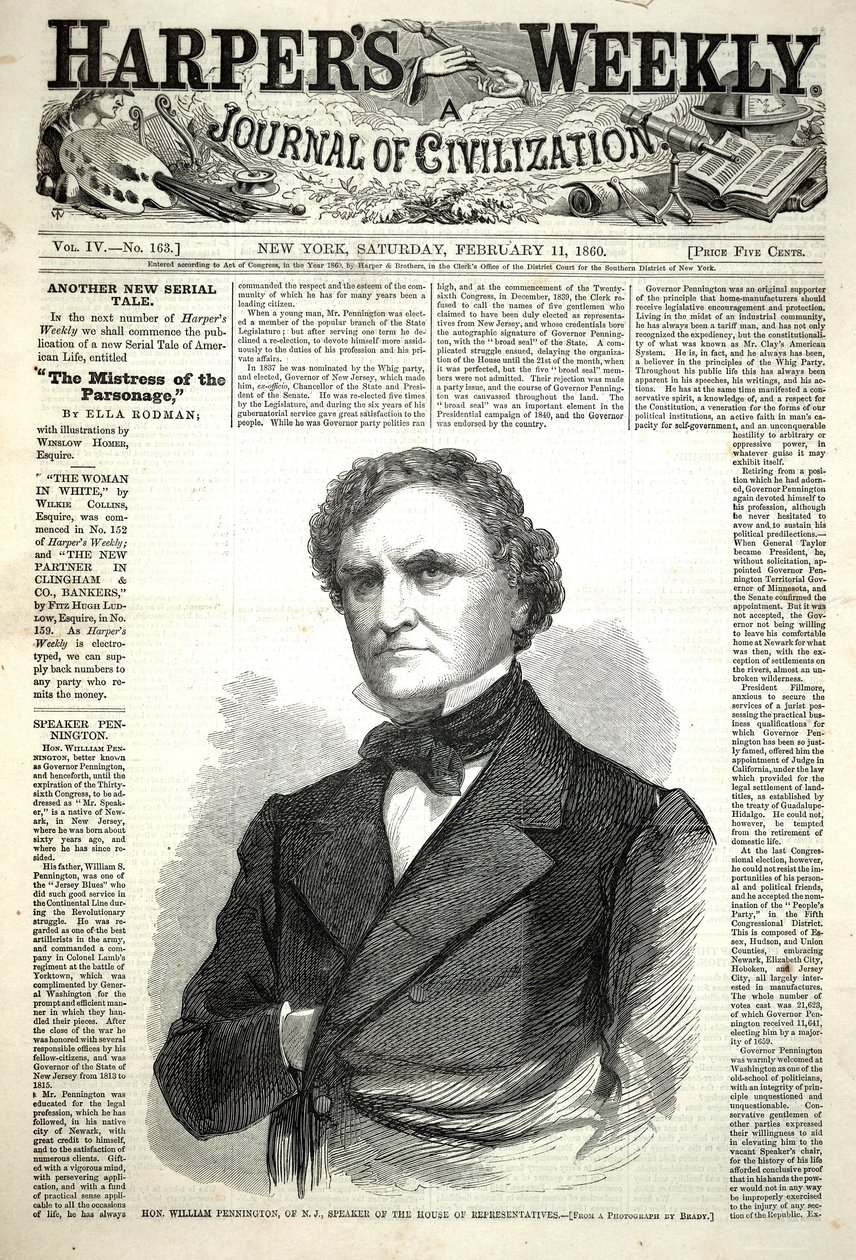 O Exmo. William Pennington, de Nova Jérsia, Presidente da Câmara dos Representantes, da revista «Harper’s Weekly», de 11 de fevereiro de 1860 de Winslow Homer