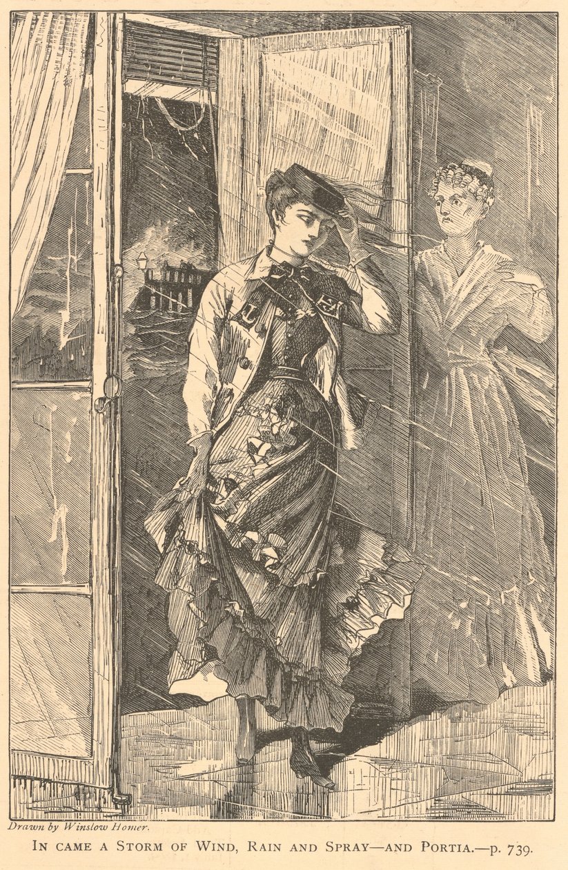 Chegou uma tempestade de vento, chuva e salpicos — e a Portia., extraído de «The Galaxy», dezembro de 1869 de Winslow Homer