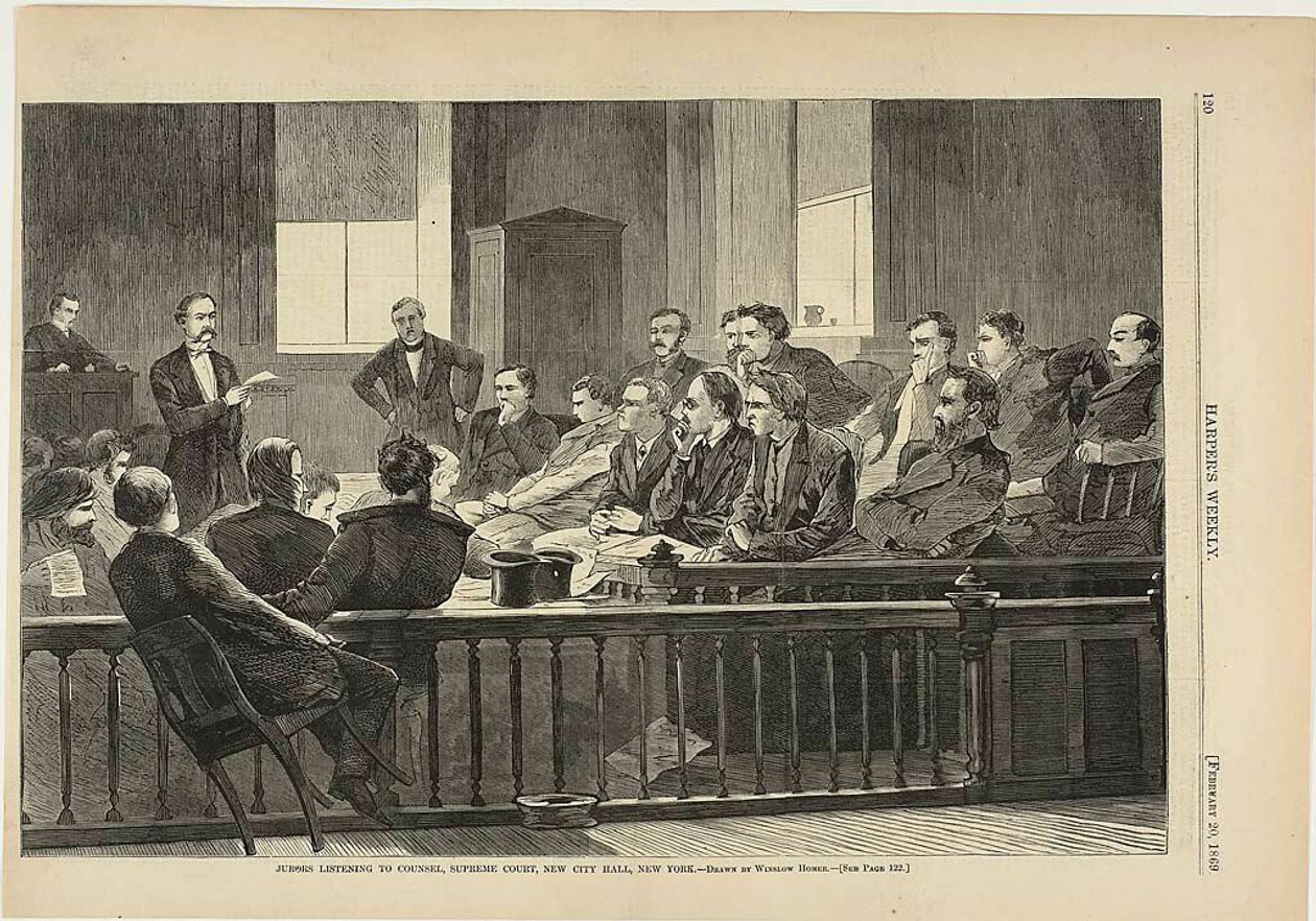 Jurados a ouvir o advogado, Supremo Tribunal, New City Hall, Nova Iorque de Winslow Homer