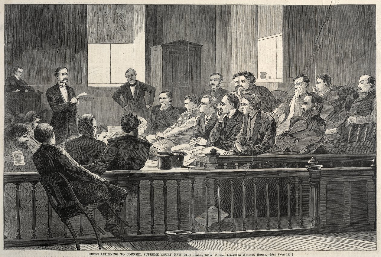Jurados a ouvir os advogados, Supremo Tribunal, Nova Câmara Municipal, Nova Iorque de Winslow Homer